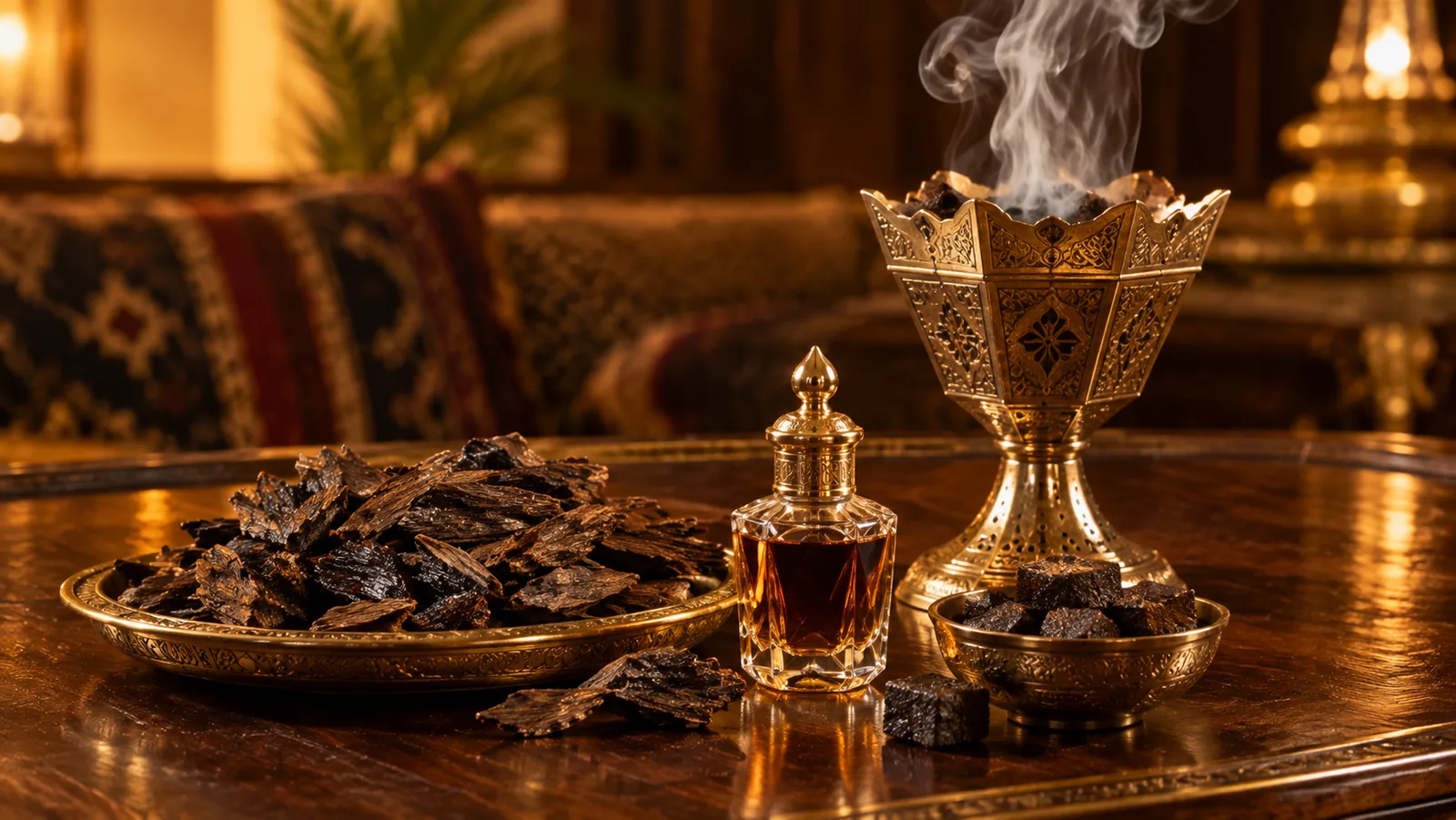 Dark agarwood chips on a brass tray with a bottle of dehn al oud oil, bakhoor and a gold mabkhara incense burner with smoke