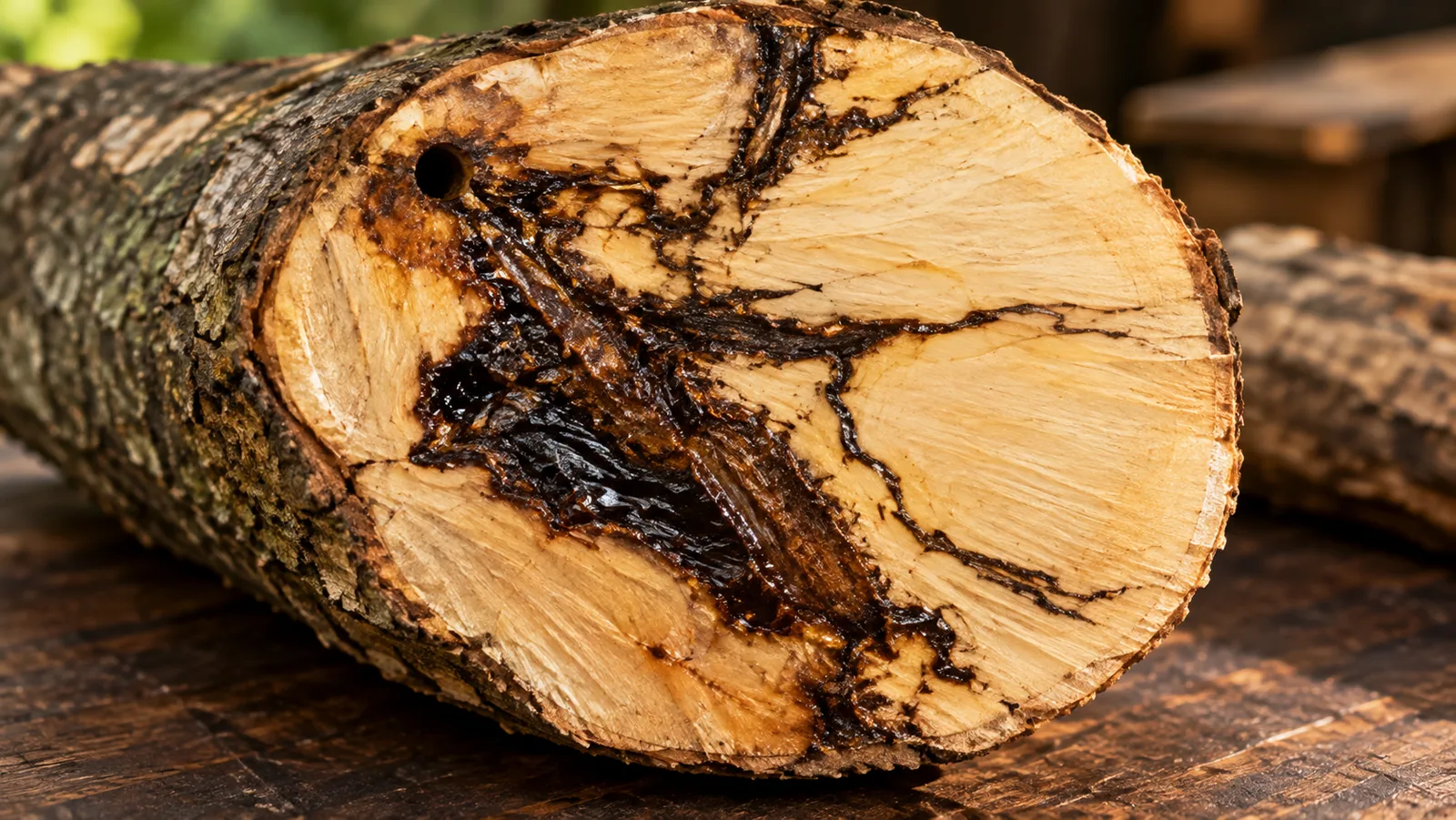Cut agarwood log showing pale Aquilaria wood with dark oud resin spreading from a drilled hole and wound
