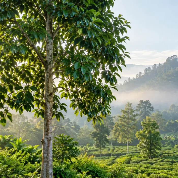 Agarwood (Aquilaria) tree growing beside a tea garden in the misty green hills of Assam, Northeast India