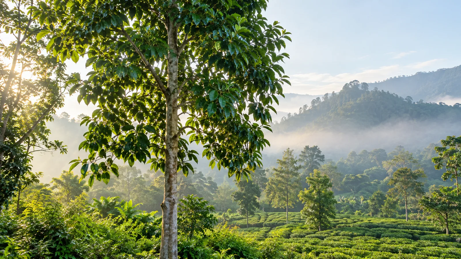 Agarwood (Aquilaria) tree growing beside a tea garden in the misty green hills of Assam, Northeast India
