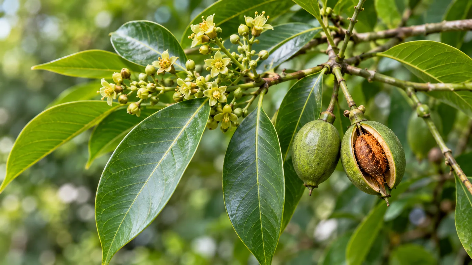 Agarwood tree branch with glossy oval leaves, small yellow-green flowers and green seed capsules, one split open showing a hairy seed